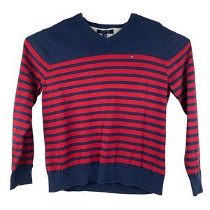Tommy Hilfiger Men's V Neck Sweater Blue Red Striped Long Sleeve Large Lg